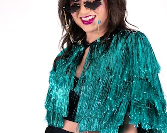 Chaqueta con flecos de oropel color verde azulado / Abrigo de lentejuelas brillantes color aguamarina / Conjunto de vestuario para conciertos Party Karma (con ribete de anillo de acero en el hombro)