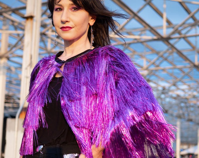 Featured listing image: Purple Lilac Tinsel Fringe Jacket | Rhinestone Trim Tinsel Jacket | Festival Concert Rave Party Stage Wear
