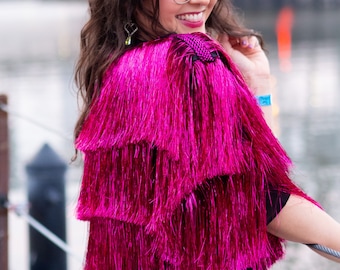 Hot Pink Tinsel Jacket | Fringe Crop Metallic Party Coat | Karma Concert Sequin Stagewear Outfit (Fuchsia Foil Shoulder Trim)