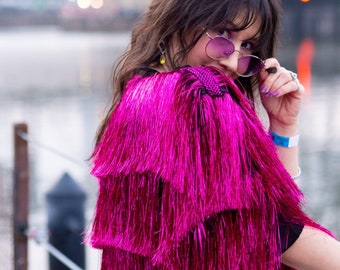 Fuchsia Karma Pink Tinsel Fringe Crop Jacket