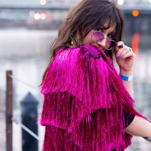 Fuchsia Karma Pink Tinsel Fringe Crop Jacket