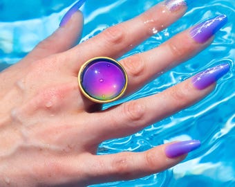 Bague d'humeur en or waterproof | CERCLE | Hypoallergénique sans danger pour les allergies | Or 18 carats, acier sans ternissement | Bijoux d'ambiance rétro épais et fantaisistes (GRAND)