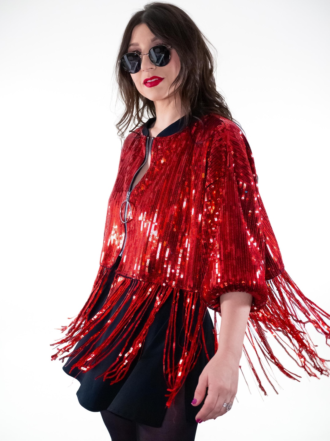 Ruby Ribbon Jackets Red Sequin Bomber Jacket | Sparkly Fringe Ruby Festival Rave Outfit - Etsy