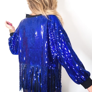 Blue Sequin Fringe Bomber Jacket, Cobalt Rave Outfit Party Coat
