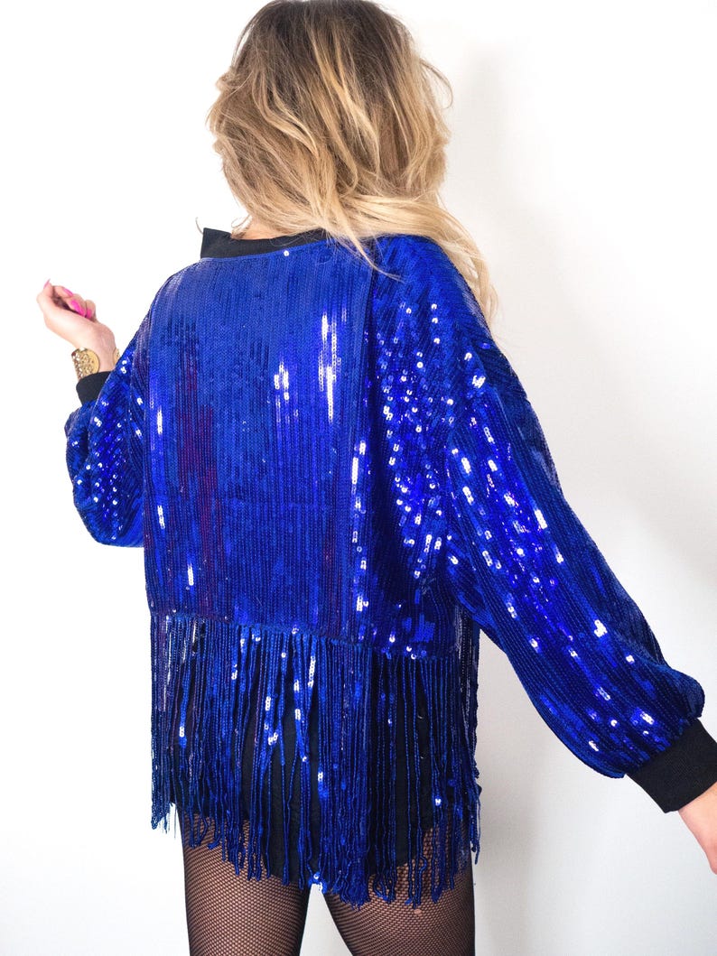 Blue Sequin Fringe Bomber Jacket, Cobalt Rave Outfit Party Coat