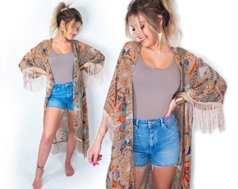 Floral Chiffon Fringe Kimono, Boho Summer Cover-Up