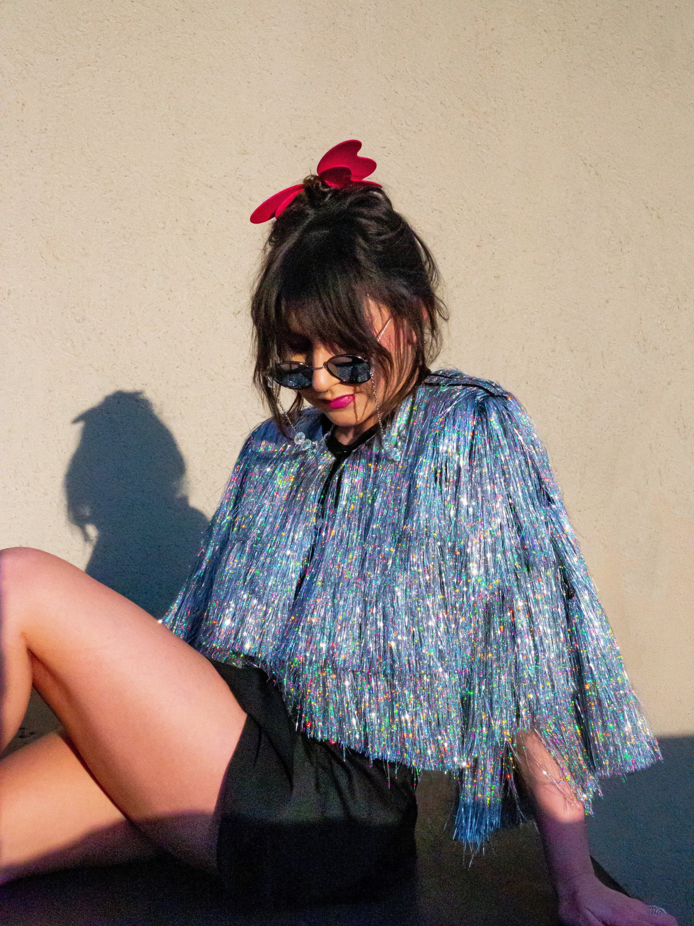 Holographic Tinsel Fringe Crop Jacket