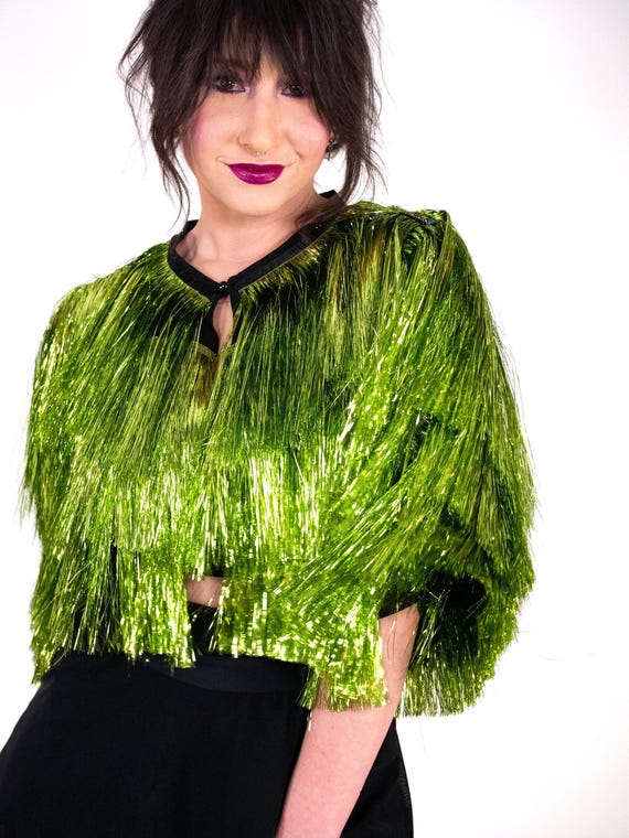 Lime Tinsel Fringe Jacket | Citrine Green Sequin Karma Concert Sparkly Party Coat Stagewear Outfit (Embroidered Blue Floral Gold Foil Trim)
