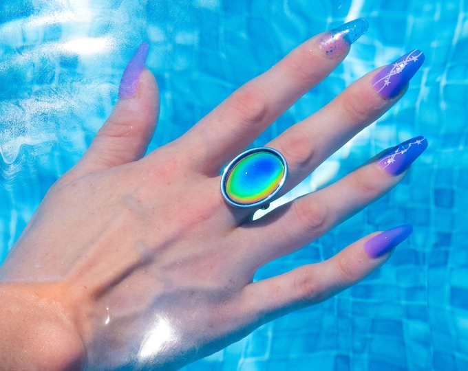 Featured listing image: Mood Ring WATERPROOF Large Silver Oval | Hypoallergenic | Vintage Mood Jewelry | Emotional Support Accessory | Stainless Steel Allergy Safe