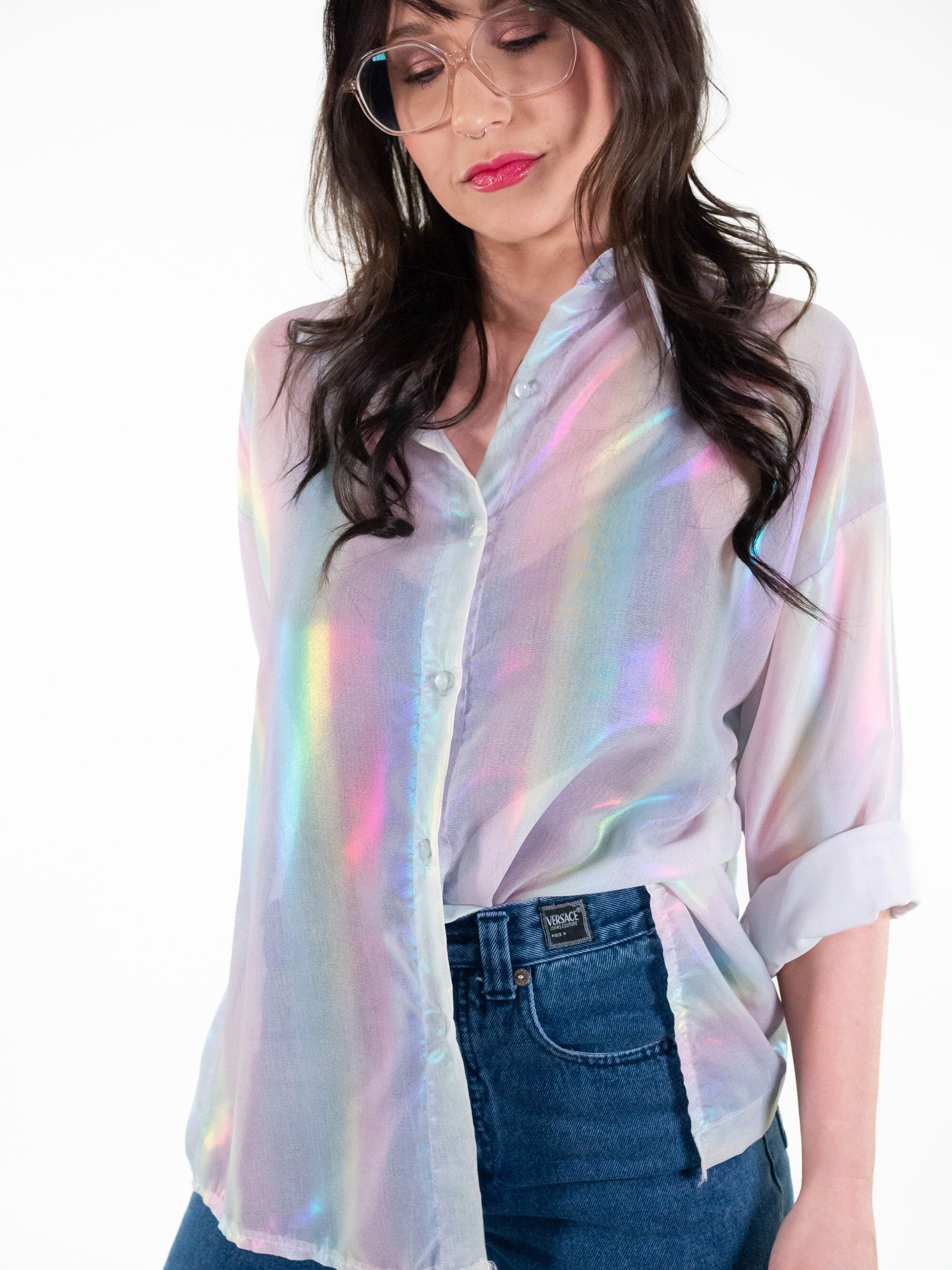 Holographic White Button up Top Be a Rainbow in a World of Boring Workwear Etsy