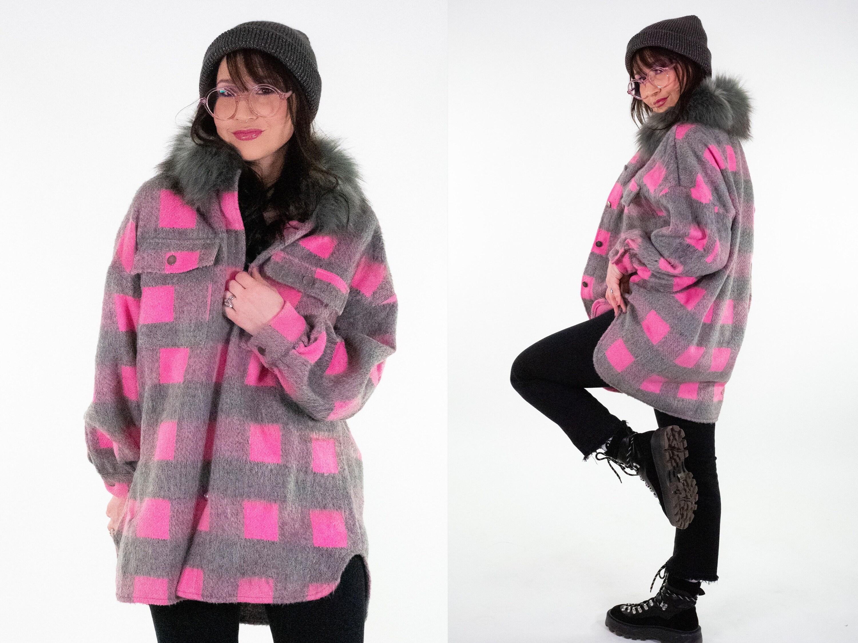 Fur Collar Pink Plaid Shirt Jacket 