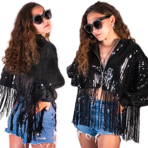 Black Onyx Sequin Fringe Rave Jacket 