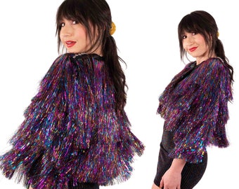 Rainbow Tinsel Fringe Studded Jacket | Metallic Party Jacket | Karma Jacket | Stage Wear | Concert Era Outfit | Sequin Coat | Handmade