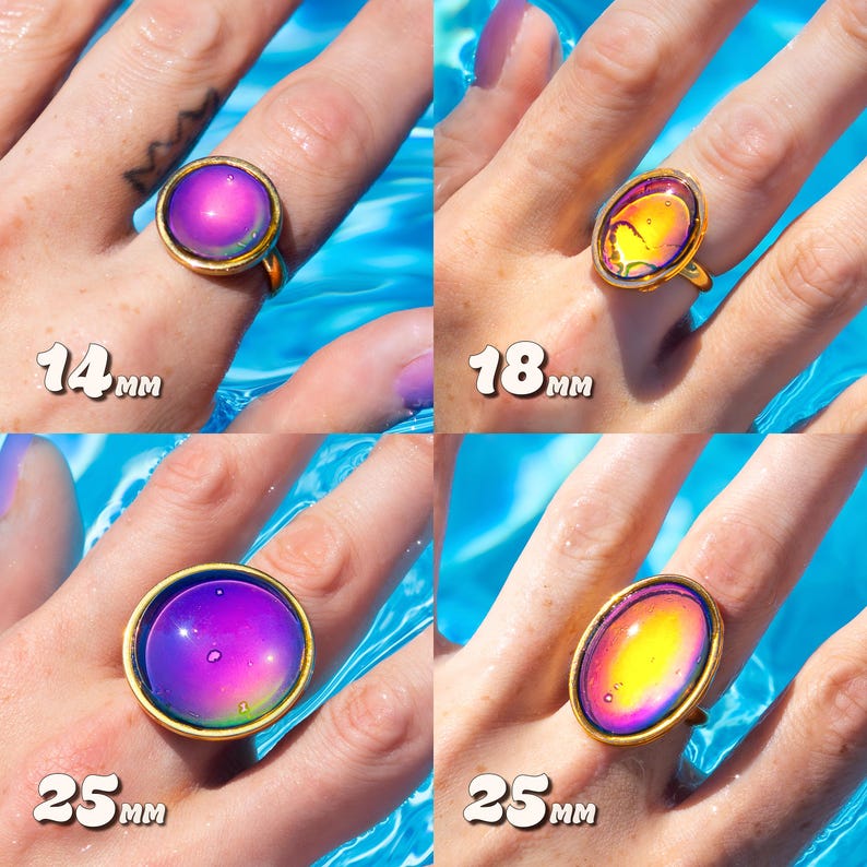 Mood ring size chart comparisons, four gold rings two circle sizes 14mm and 25mm with a purple stone and two oval 18mm and 25mm size with a yellow orange stone.