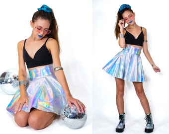 Galactic Holographic Leather Structure Circle Rave Skirt