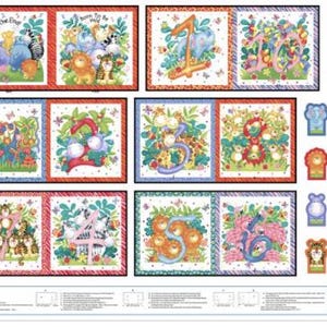 May include: A colorful fabric panel featuring whimsical illustrations of jungle animals and numbers 1-10. Each square has a different number with corresponding animals, surrounded by a floral border. Additional animal cutouts are included.