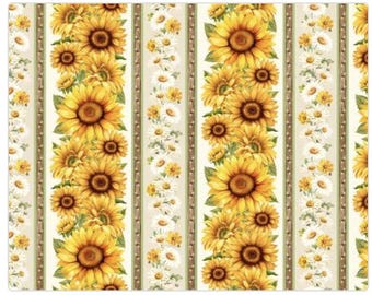 May include: A rectangular fabric featuring a repeating pattern of sunflowers and daisies. The sunflowers are yellow with brown centers, arranged in vertical stripes. Daisies with white petals and yellow centers alternate with the sunflowers. The background is a light beige.