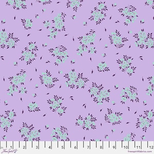 May include: A purple fabric with a repeating pattern of small, light blue flowers and dark purple stems. The fabric is a light purple color with a subtle sheen.