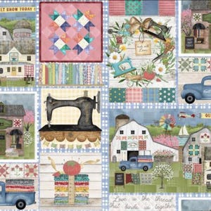 May include: A patchwork fabric with a repeating pattern of quilting and sewing imagery. The design includes a vintage sewing machine, quilt blocks, and a blue pickup truck. The color palette features pastel shades of pink, blue, and green.