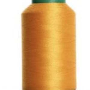 May include: A spool of golden-yellow thread with a green base and top. The thread is tightly wound, creating a cylindrical shape. The image is a close-up, highlighting the texture and color of the thread.
