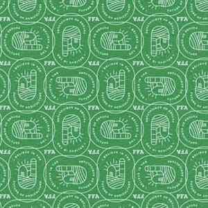 May include: Green background with a repeating pattern of white FFA (Future Farmers of America) emblems. Each emblem contains a stylized illustration and the text "I Believe in the Future of Agriculture."