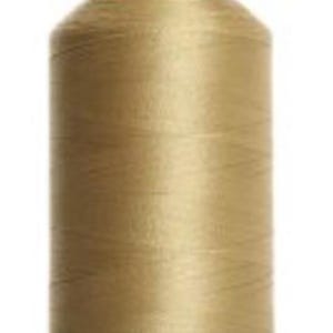 May include: A spool of golden-colored thread, tightly wound around a cylindrical core. The thread has a subtle sheen, and the spool is topped with a green cap and base. Ideal for sewing and embroidery projects.