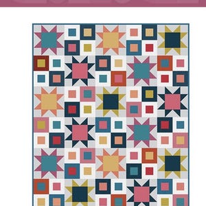 May include: A colorful quilt pattern titled "Abigail" by Suzanne Jackman. The design features a repeating pattern of star shapes and squares in shades of pink, blue, yellow, and orange on a light gray background. The "splendid speck" logo is at the bottom.