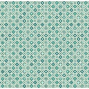 May include: A rectangular patterned fabric featuring a repeating floral and geometric design in shades of teal, turquoise, and white on a light green background. The pattern is symmetrical and detailed.