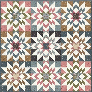 May include: A patchwork quilt with a starburst design. The quilt features a repeating pattern of star shapes in shades of pink, blue, brown, and green, set against a cream background. Floral and geometric patterns are incorporated into the design.