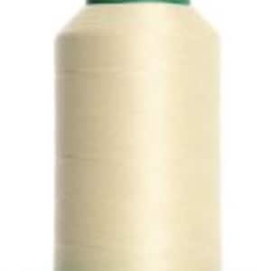 May include: A spool of cream-colored thread with a green base and top. The thread is tightly wound around the spool, creating a cylindrical shape. The thread appears smooth and ready for sewing or embroidery projects.