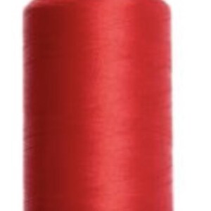 May include: A spool of red thread with a green base and top. The thread is tightly wound, and the spool has a cylindrical shape. The thread appears to be a vibrant, solid color, suitable for sewing and embroidery projects.