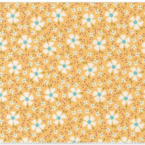 May include: A fabric with a repeating floral pattern. Large white flowers with turquoise centers are interspersed with smaller white flowers and green leaves on a yellow background. The fabric has a textured appearance.
