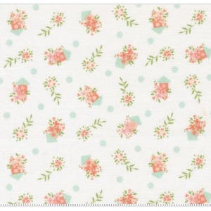 May include: White fabric with a repeating pattern of pink and peach floral bouquets, green sprigs, and light blue polka dots. The floral arrangements are in small, light blue containers. The overall design has a vintage, cottagecore aesthetic.
