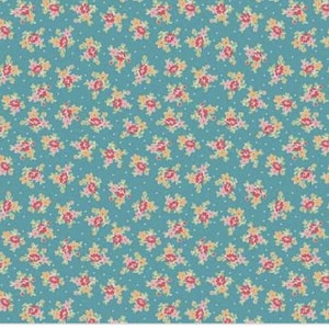 May include: A teal background is covered in a repeating pattern of small floral bouquets. The bouquets are composed of pink, yellow, and orange flowers with green leaves. Small white dots are scattered throughout the design.