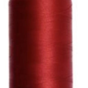 May include: A spool of red thread with a green base and top. The thread is tightly wound, and the color is a deep, rich red. This thread is likely used for sewing, embroidery, or other textile crafts.