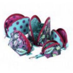 May include: A collection of colorful cosmetic bags in various sizes. The bags feature a mix of patterns, including teal with purple polka dots and floral designs. Each bag has a red zipper and trim, with a teal interior.