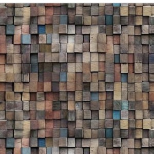 May include: A mosaic of small, square wooden blocks in varying shades of brown, beige, and blue. The blocks are arranged in a grid pattern, creating a textured, three-dimensional effect. The overall appearance is rustic and natural.