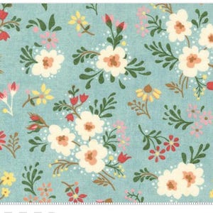 May include: A floral pattern featuring white, peach, yellow, and red flowers with green leaves on a light blue background. The design includes various flower arrangements and scattered floral elements.