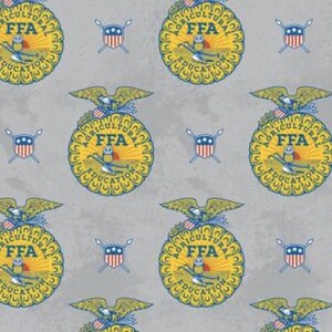 May include: A repeating pattern featuring the FFA emblem, a gold-colored badge with an eagle, the letters "FFA", and the words "Agricultural Education". The background is a mottled gray with small shield and crossed arrow designs.