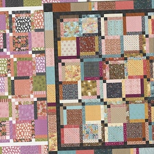 May include: A quilt pattern titled "Limone Cake" by Doug Leko, featuring a patchwork design with squares in various colors and patterns. The design is layer cake friendly and suitable for lap, throw, and king-sized quilts.