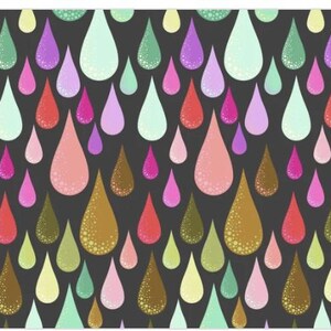 May include: A dark gray background featuring a repeating pattern of teardrop shapes in various colors including light blue, pink, purple, red, brown, and lime green. Each teardrop contains a subtle dotted texture within its interior design.