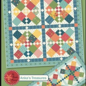 May include: A colorful quilt pattern titled "Chain Letter" with a multi-size design, 10" square friendly. The quilt features squares of various colors including red, orange, yellow, green, and blue. A smaller matching table runner is also shown.
