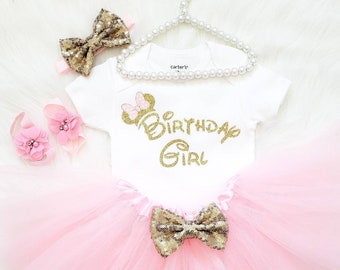 Minnie Mouse birthday outfit, pink and gold dress, tutu set, birthday girl shirt, baby girl outfit, minnie mouse party, cake smash outfit