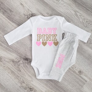 Baby pink inspired outfit, baby girl clothes, newborn girl clothes, baby girl outfit, clothing, pink and gold, bodysuit, baby, infant, gold image 1