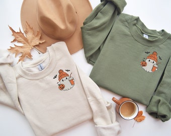 Ghost Coffee Halloween Sweatshirt, Spooky Season Embroidered Shirt