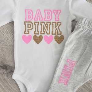 Baby pink inspired outfit, baby girl clothes, newborn girl clothes, baby girl outfit, clothing, pink and gold, bodysuit, baby, infant, gold image 5