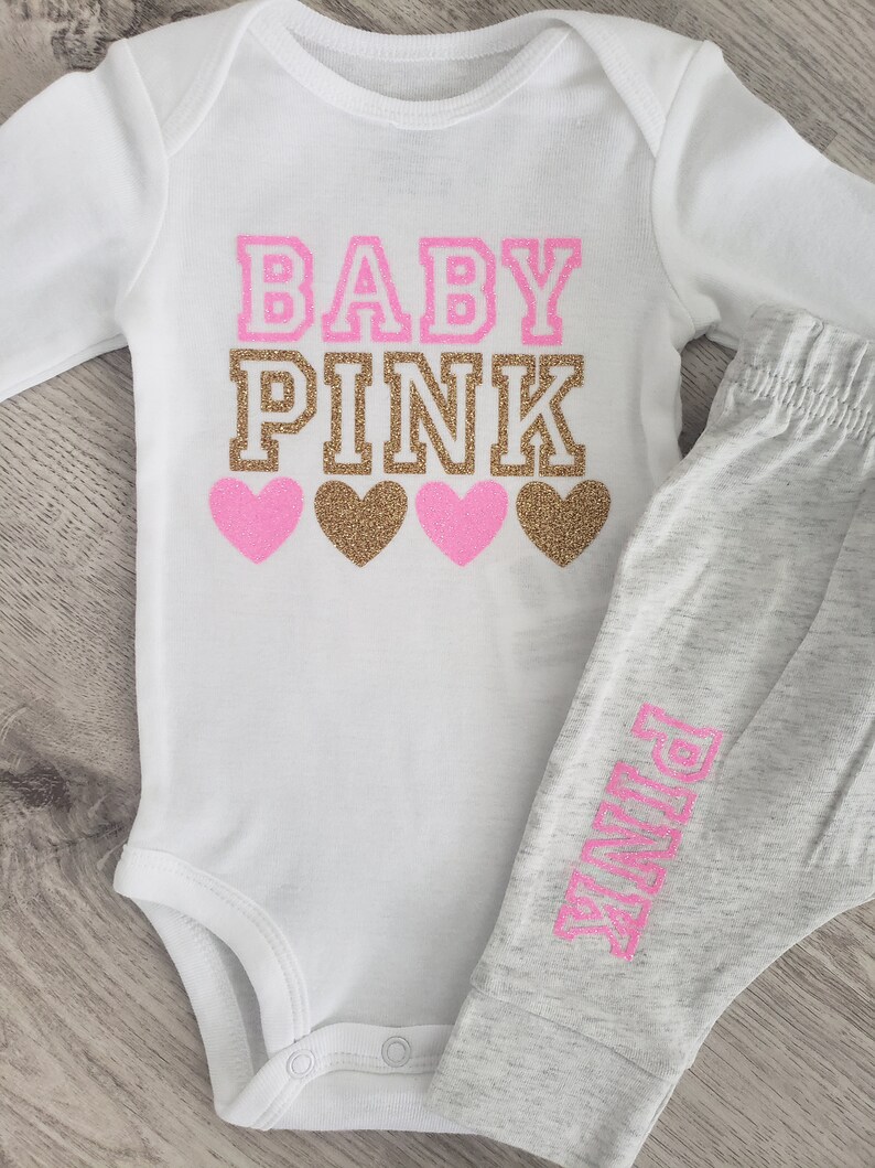 Baby pink inspired outfit, baby girl clothes, newborn girl clothes, baby girl outfit, clothing, pink and gold, bodysuit, baby, infant, gold image 5