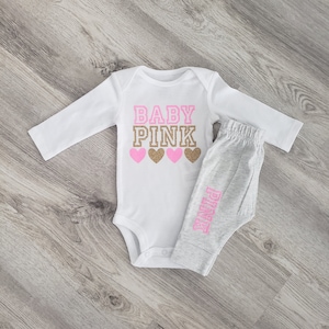 Baby pink inspired outfit, baby girl clothes, newborn girl clothes, baby girl outfit, clothing, pink and gold, bodysuit, baby, infant, gold image 7