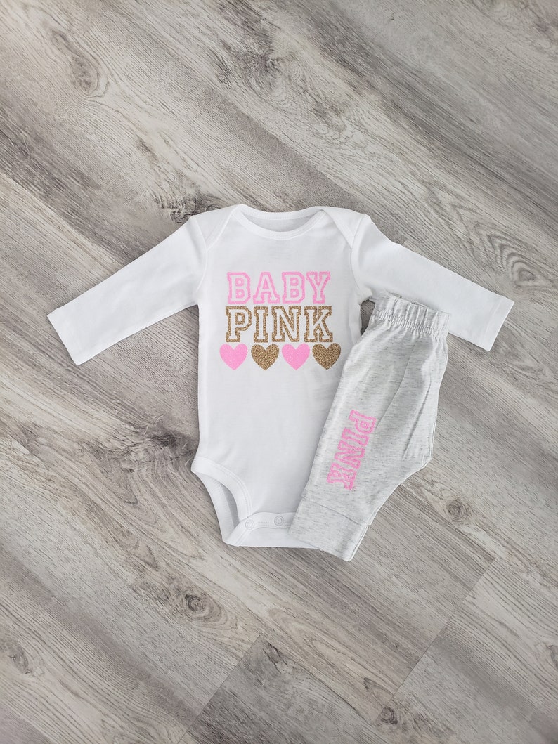 Baby pink inspired outfit, baby girl clothes, newborn girl clothes, baby girl outfit, clothing, pink and gold, bodysuit, baby, infant, gold image 7