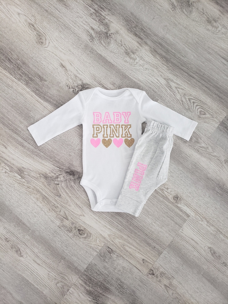 Baby pink inspired outfit, baby girl clothes, newborn girl clothes, baby girl outfit, clothing, pink and gold, bodysuit, baby, infant, gold image 1